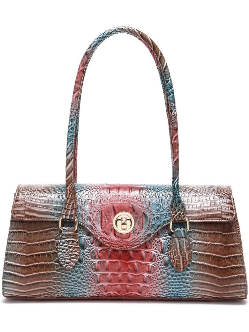 Women's Maroon Brown Leather Crocodile Pattern Handle Handbag Satchel Tote Purse